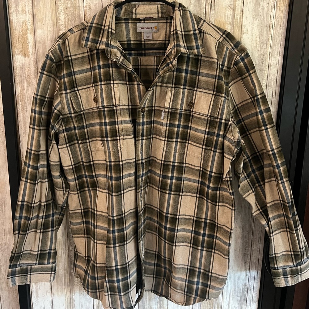 Carhartt Men's Plaid Shirt - Olive and Beige